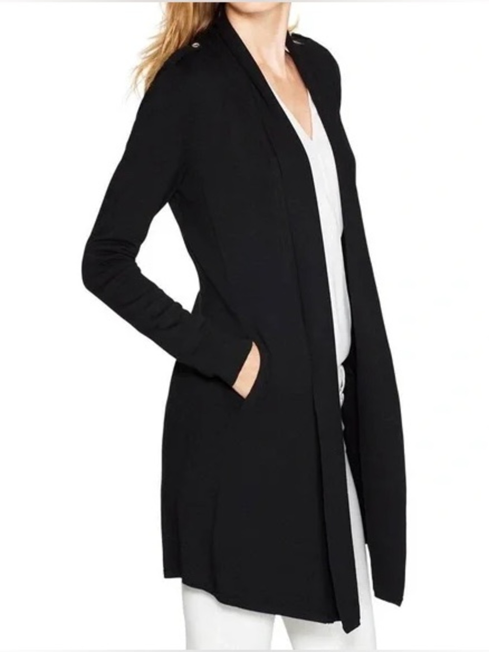 White House Black Market Women S Black Ribbed Button Shoulder Longline Cardigan